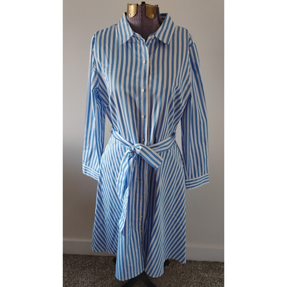 Talbots Blue Striped Shirt Dress Fit & Flare Sz 8P Office Work Or Play Spring
